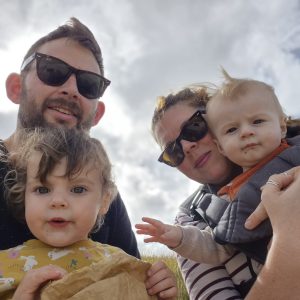 Alex and Laurel with their children, Mabel and Orton